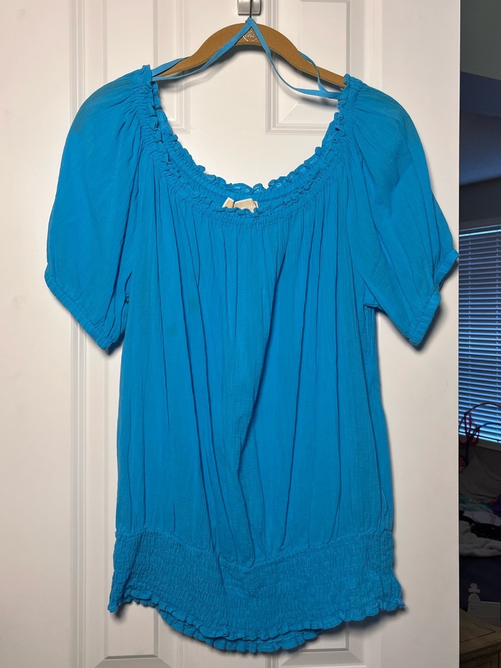 MICHAEL Michael Kors Blue Peasant Blouse Large L Boho Cotton Top Embroidered